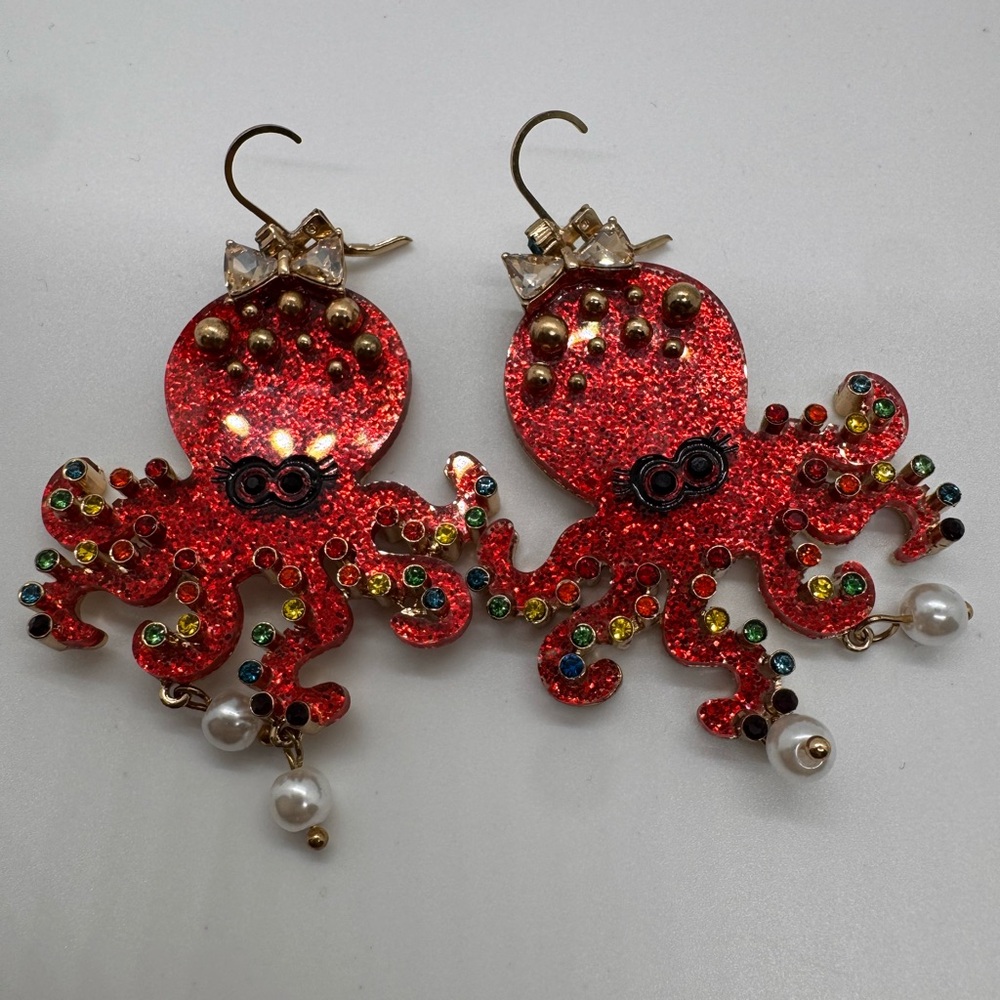 Betsy Johnson Statement drop earrings colorful red glitter octopus with pendant - Picture 4 of 10
